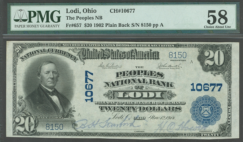 Lodi, OH, Ch.#10677, 1902PB $20, The Peoples NB, vCh.AU, PMG-58